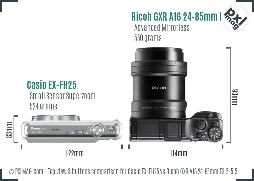 Casio EX-FH25 vs Ricoh GXR A16 24-85mm F3.5-5.5 top view buttons comparison