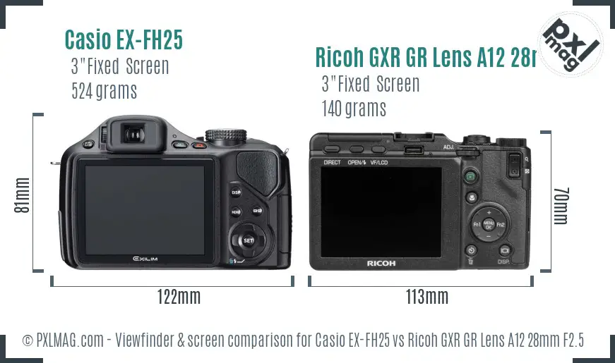 Casio EX-FH25 vs Ricoh GXR GR Lens A12 28mm F2.5 Screen and Viewfinder comparison