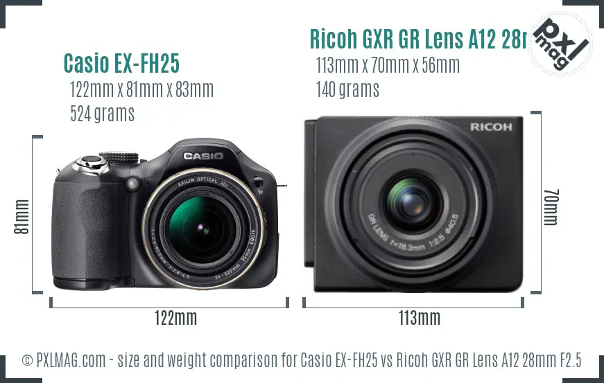 Casio EX-FH25 vs Ricoh GXR GR Lens A12 28mm F2.5 size comparison