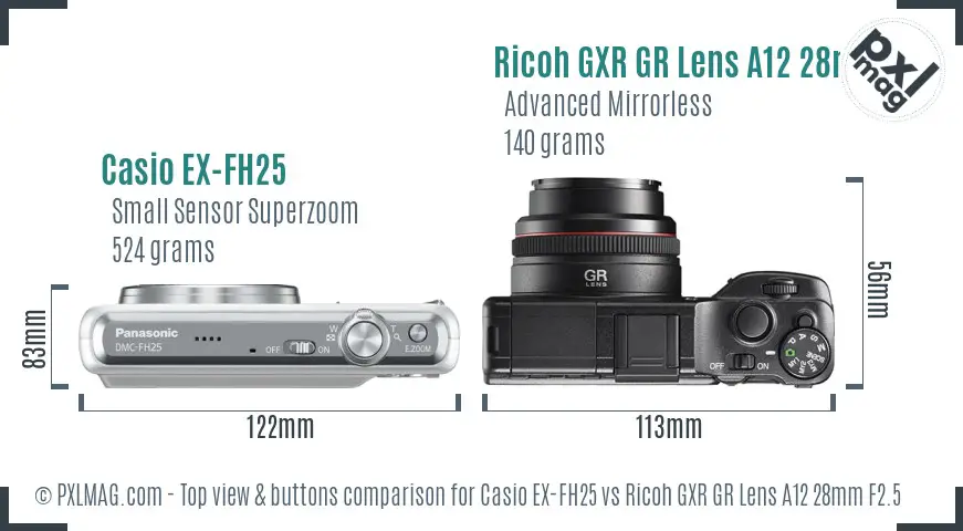 Casio EX-FH25 vs Ricoh GXR GR Lens A12 28mm F2.5 top view buttons comparison