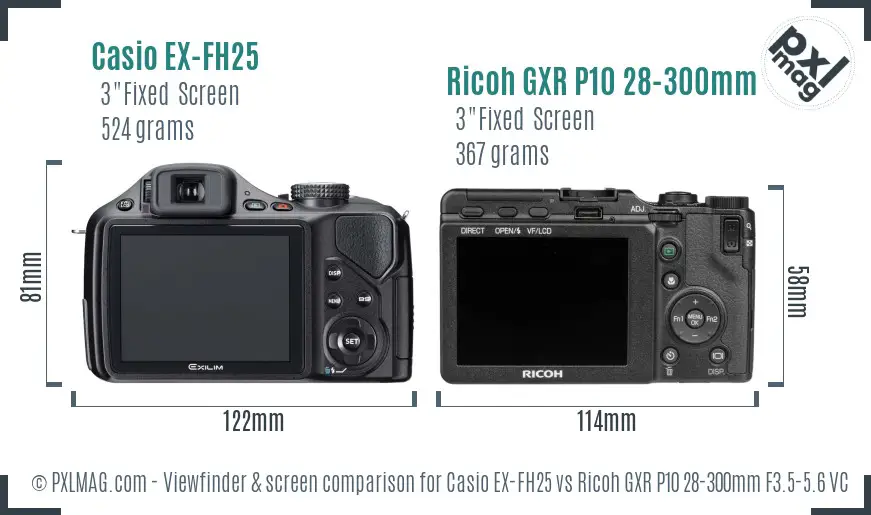 Casio EX-FH25 vs Ricoh GXR P10 28-300mm F3.5-5.6 VC Screen and Viewfinder comparison