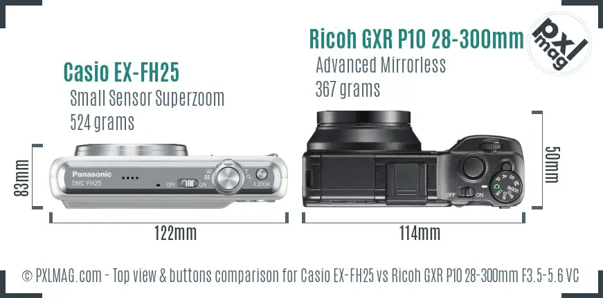 Casio EX-FH25 vs Ricoh GXR P10 28-300mm F3.5-5.6 VC top view buttons comparison