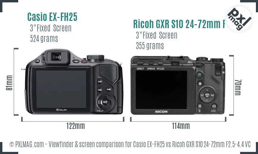 Casio EX-FH25 vs Ricoh GXR S10 24-72mm F2.5-4.4 VC Screen and Viewfinder comparison