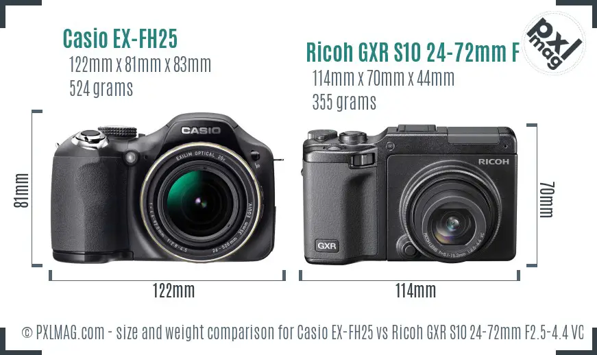 Casio EX-FH25 vs Ricoh GXR S10 24-72mm F2.5-4.4 VC size comparison