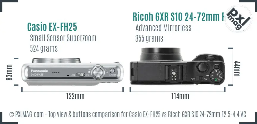 Casio EX-FH25 vs Ricoh GXR S10 24-72mm F2.5-4.4 VC top view buttons comparison