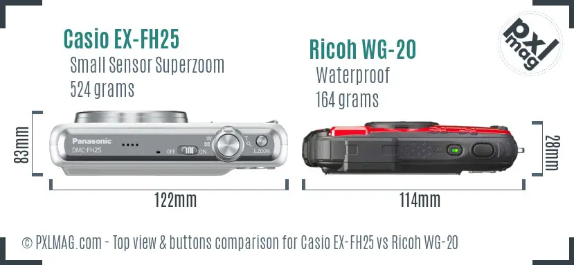 Casio EX-FH25 vs Ricoh WG-20 top view buttons comparison