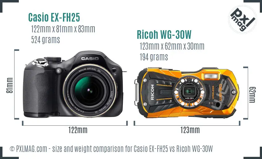 Casio EX-FH25 vs Ricoh WG-30W size comparison Casio EX-FH25 vs Ricoh WG-30W size comparison