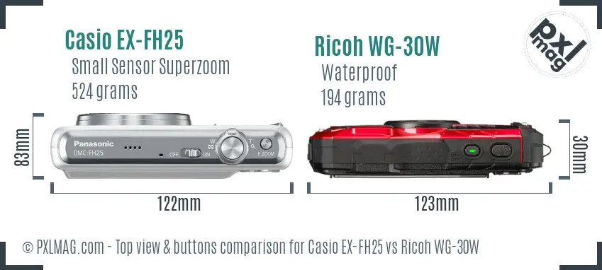 Casio EX-FH25 vs Ricoh WG-30W top view buttons comparison Casio EX-FH25 vs Ricoh WG-30W top view buttons comparison
