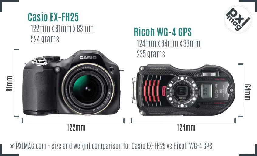 Casio EX-FH25 vs Ricoh WG-4 GPS size comparison Casio EX-FH25 vs Ricoh WG-4 GPS size comparison