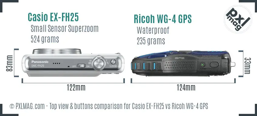 Casio EX-FH25 vs Ricoh WG-4 GPS top view buttons comparison Casio EX-FH25 vs Ricoh WG-4 GPS top view buttons comparison