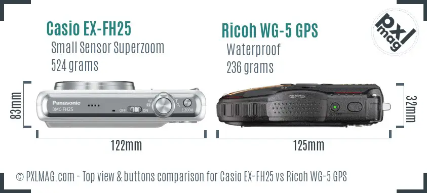 Casio EX-FH25 vs Ricoh WG-5 GPS top view buttons comparison