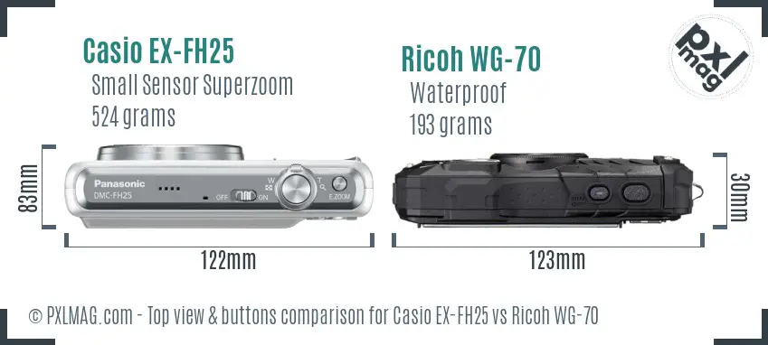 Casio EX-FH25 vs Ricoh WG-70 top view buttons comparison