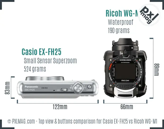 Casio EX-FH25 vs Ricoh WG-M1 top view buttons comparison