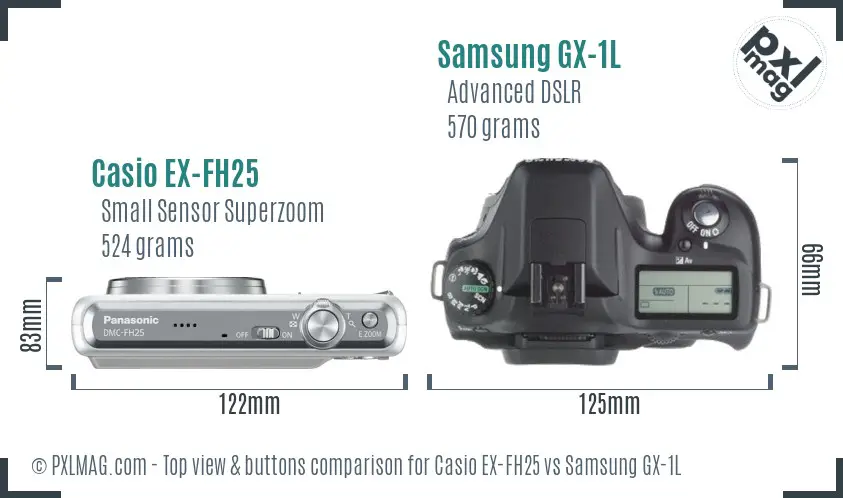 Casio EX-FH25 vs Samsung GX-1L top view buttons comparison