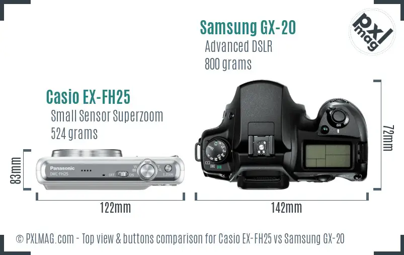 Casio EX-FH25 vs Samsung GX-20 top view buttons comparison Casio EX-FH25 vs Samsung GX-20 top view buttons comparison