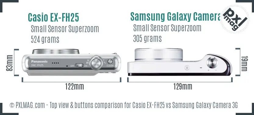 Casio EX-FH25 vs Samsung Galaxy Camera 3G top view buttons comparison Casio EX-FH25 vs Samsung Galaxy Camera 3G top view buttons comparison
