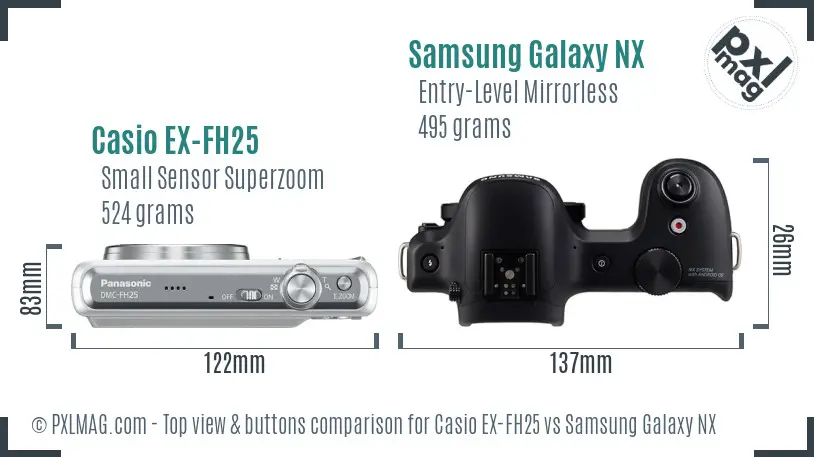 Casio EX-FH25 vs Samsung Galaxy NX top view buttons comparison Casio EX-FH25 vs Samsung Galaxy NX top view buttons comparison