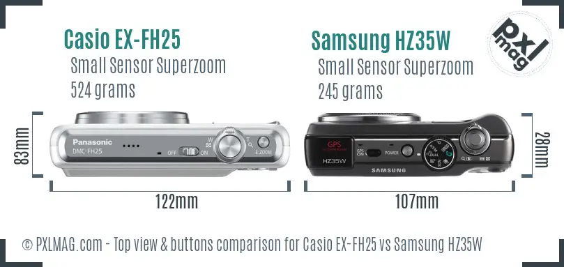 Casio EX-FH25 vs Samsung HZ35W top view buttons comparison Casio EX-FH25 vs Samsung HZ35W top view buttons comparison