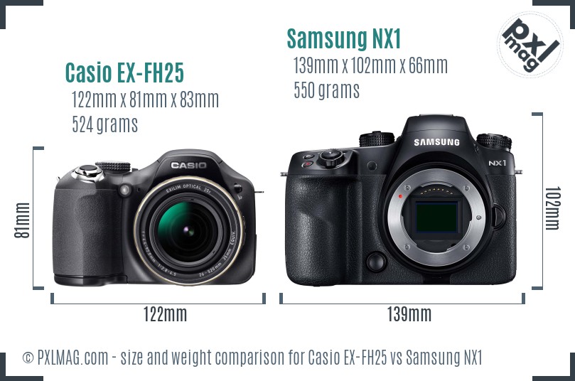 Casio EX-FH25 vs Samsung NX1 size comparison