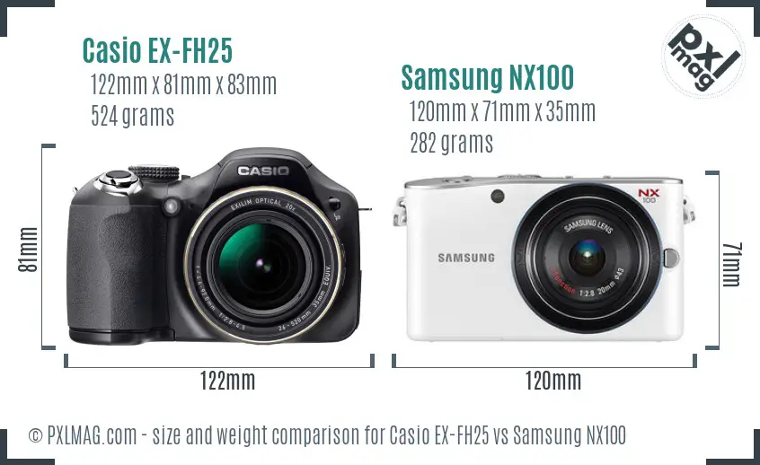 Casio EX-FH25 vs Samsung NX100 size comparison