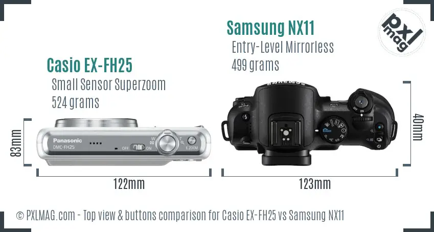 Casio EX-FH25 vs Samsung NX11 top view buttons comparison Casio EX-FH25 vs Samsung NX11 top view buttons comparison