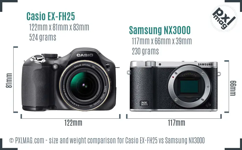 Casio EX-FH25 vs Samsung NX3000 size comparison