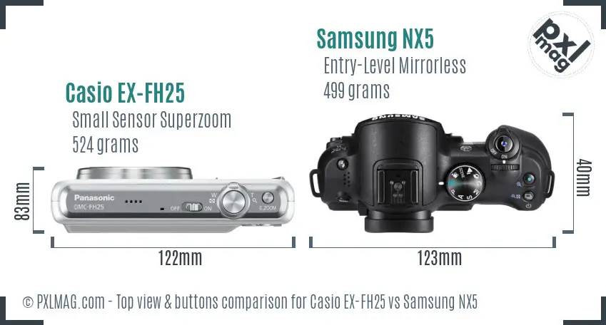Casio EX-FH25 vs Samsung NX5 top view buttons comparison Casio EX-FH25 vs Samsung NX5 top view buttons comparison