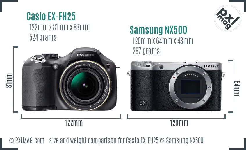 Casio EX-FH25 vs Samsung NX500 size comparison