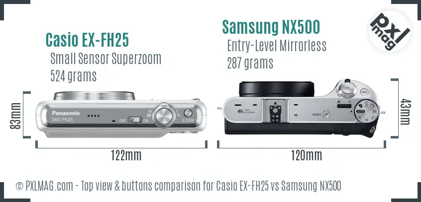 Casio EX-FH25 vs Samsung NX500 top view buttons comparison