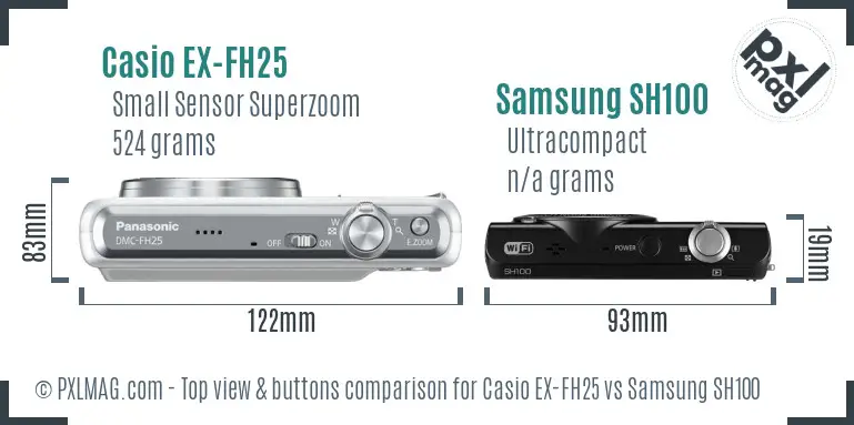 Casio EX-FH25 vs Samsung SH100 top view buttons comparison Casio EX-FH25 vs Samsung SH100 top view buttons comparison