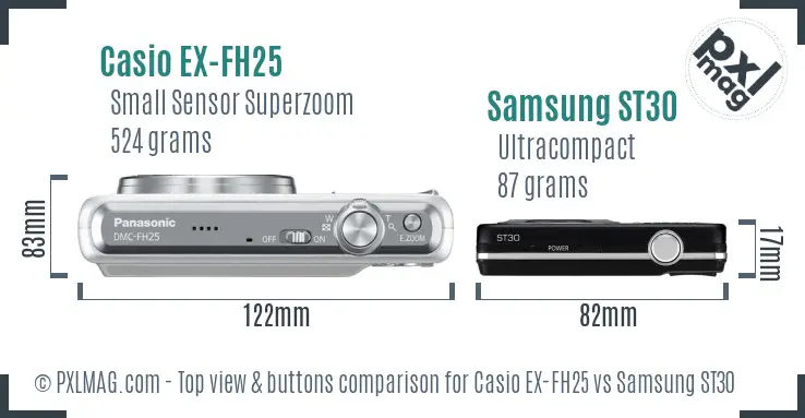 Casio EX-FH25 vs Samsung ST30 top view buttons comparison