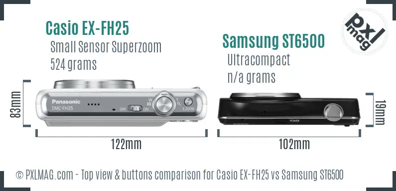 Casio EX-FH25 vs Samsung ST6500 top view buttons comparison Casio EX-FH25 vs Samsung ST6500 top view buttons comparison