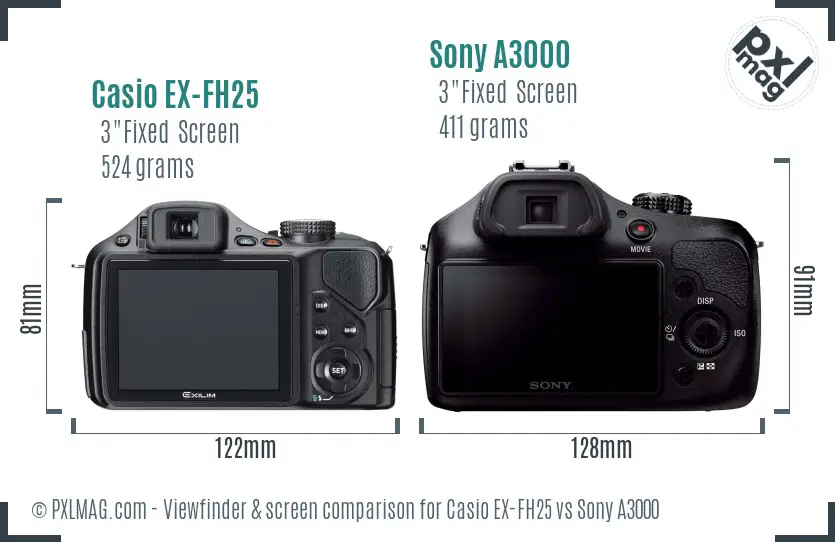 Casio EX-FH25 vs Sony A3000 Screen and Viewfinder comparison