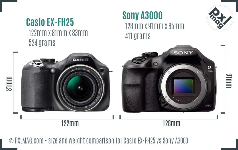 Casio EX-FH25 vs Sony A3000 size comparison