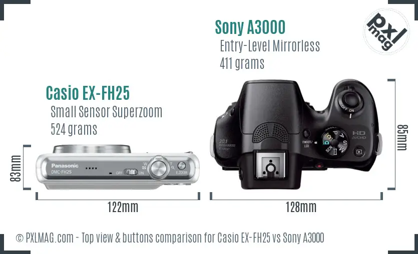 Casio EX-FH25 vs Sony A3000 top view buttons comparison
