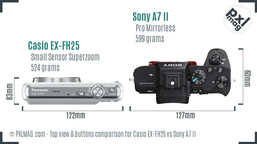 Casio EX-FH25 vs Sony A7 II top view buttons comparison