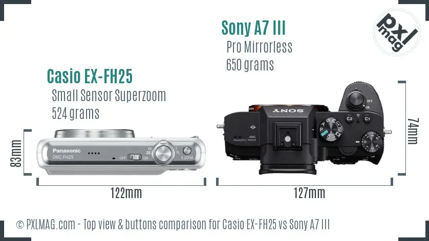Casio EX-FH25 vs Sony A7 III top view buttons comparison Casio EX-FH25 vs Sony A7 III top view buttons comparison