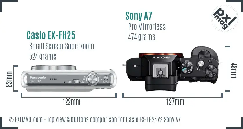 Casio EX-FH25 vs Sony A7 top view buttons comparison