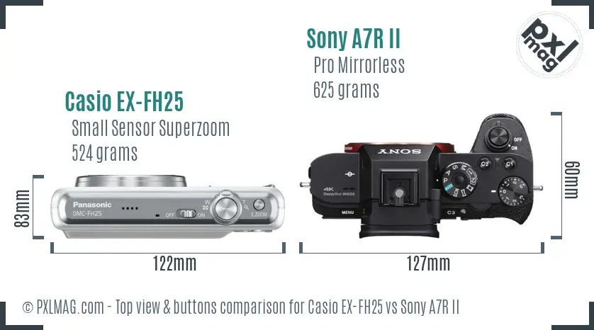 Casio EX-FH25 vs Sony A7R II top view buttons comparison