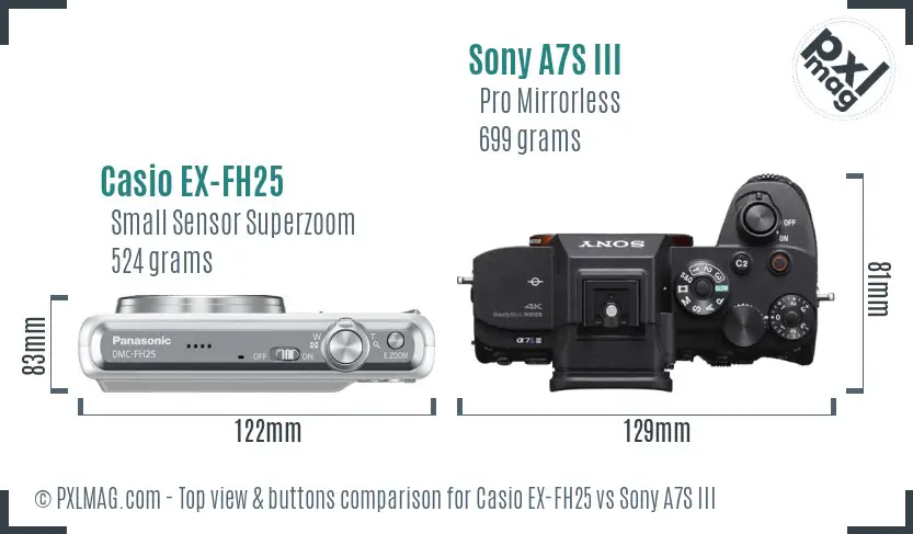 Casio EX-FH25 vs Sony A7S III top view buttons comparison Casio EX-FH25 vs Sony A7S III top view buttons comparison