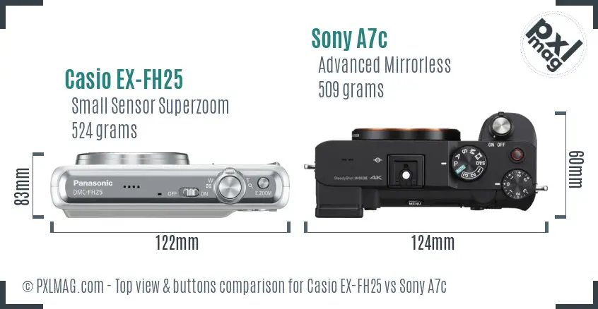 Casio EX-FH25 vs Sony A7c top view buttons comparison Casio EX-FH25 vs Sony A7c top view buttons comparison