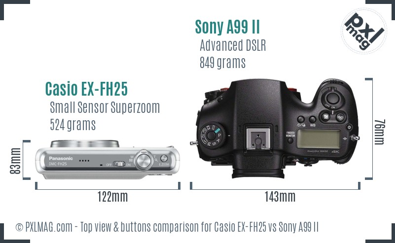 Casio EX-FH25 vs Sony A99 II top view buttons comparison