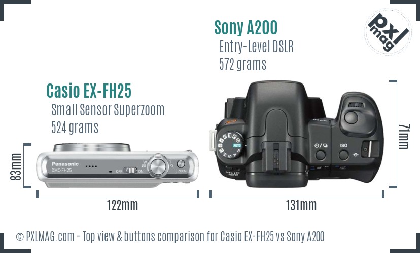 Casio EX-FH25 vs Sony A200 top view buttons comparison