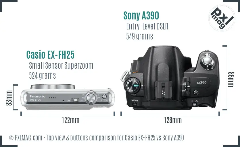 Casio EX-FH25 vs Sony A390 top view buttons comparison Casio EX-FH25 vs Sony A390 top view buttons comparison