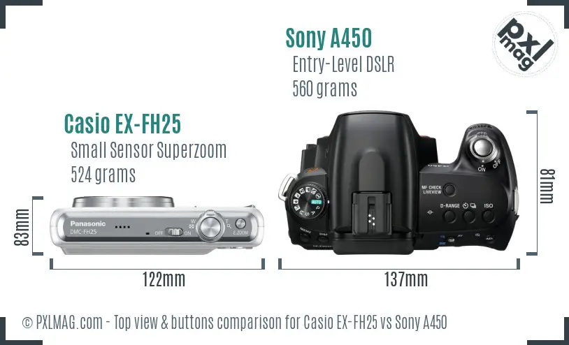 Casio EX-FH25 vs Sony A450 top view buttons comparison