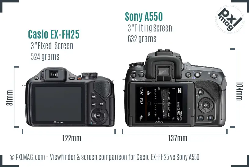 Casio EX-FH25 vs Sony A550 Screen and Viewfinder comparison