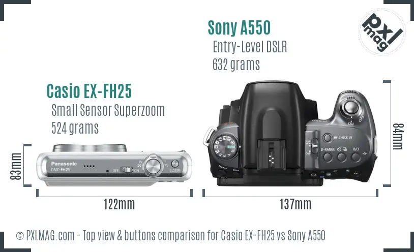 Casio EX-FH25 vs Sony A550 top view buttons comparison