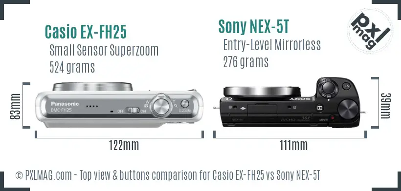 Casio EX-FH25 vs Sony NEX-5T top view buttons comparison Casio EX-FH25 vs Sony NEX-5T top view buttons comparison
