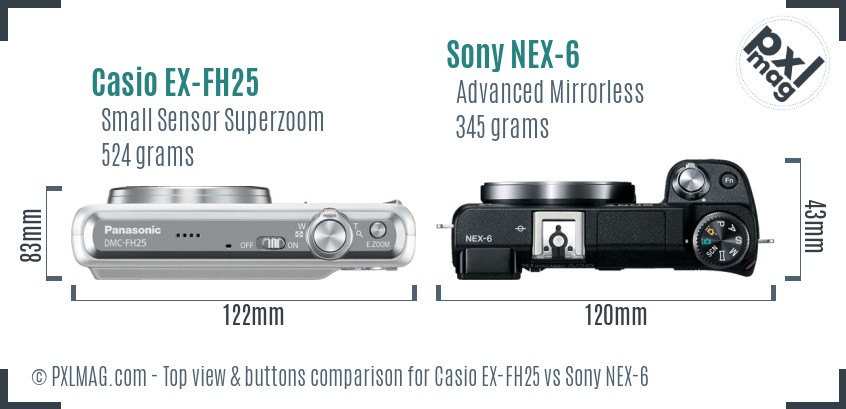 Casio EX-FH25 vs Sony NEX-6 top view buttons comparison