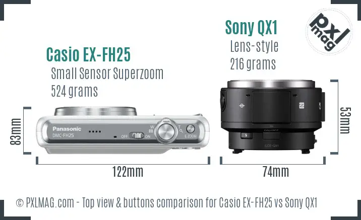 Casio EX-FH25 vs Sony QX1 top view buttons comparison Casio EX-FH25 vs Sony QX1 top view buttons comparison